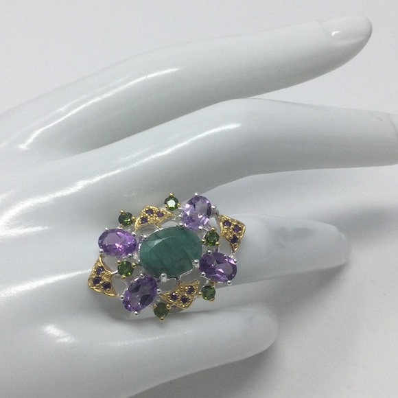 Genuine Natural Emerald & Amethyst Ring - Picture 4 of 7